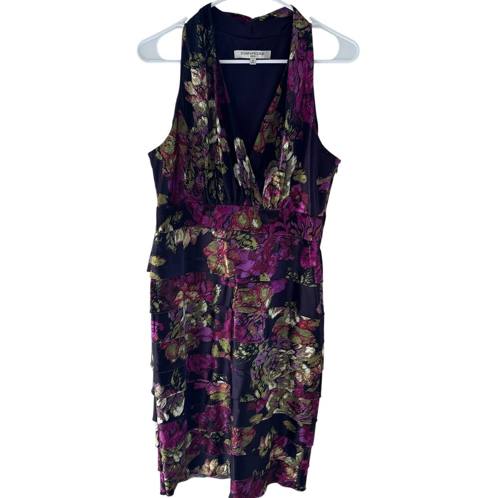 Evan Picone Plum Purple Floral Layered Tiered Sheath Dress Size 10